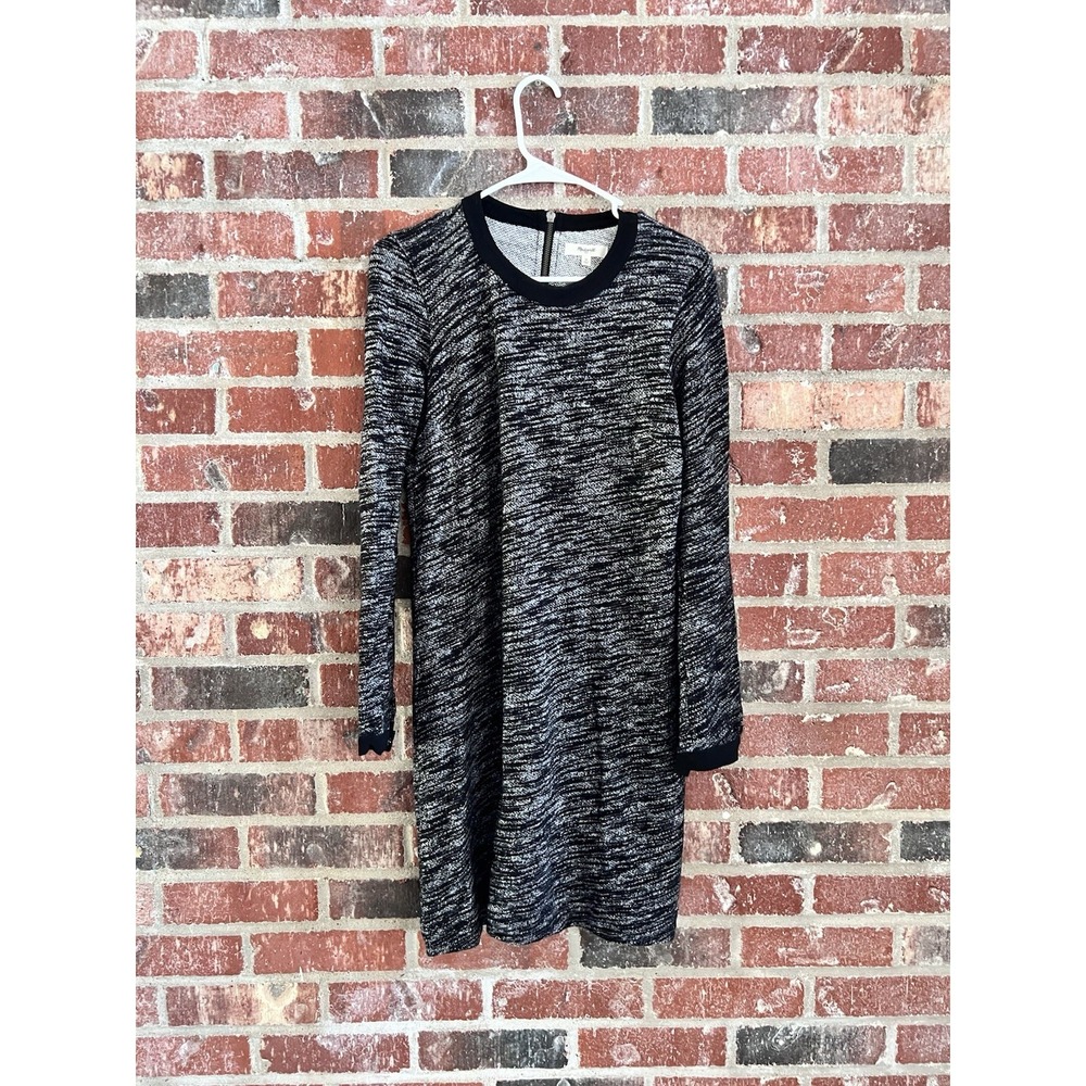Madewell Size M Sweater Dress Mini Knit Gray Black Crew Neck Long Sleeve Zip